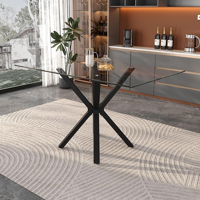Tempered Glass Dining Table for 4, 48 Inch Rectangular Kitchen Table with Black Metal Legs Modern Style Dinner Table for Dining Room Kitchen