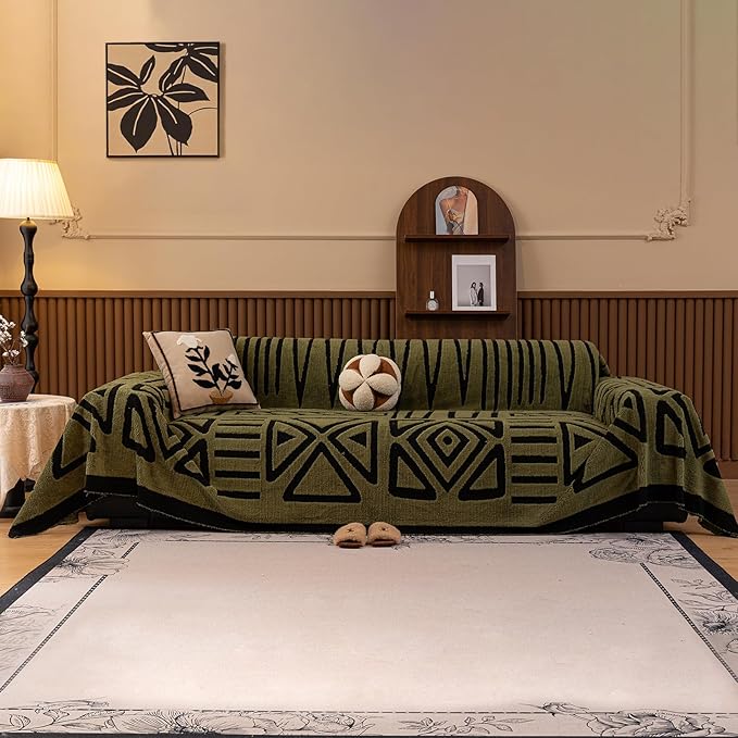 HANDONTIME Olive Green Sofa Covers for Sectional Sofa Boho Couch Cover for Dogs Christmas Green Throw Couch Cover Shu Velveteen Black Loveseat Covers Short Plush L Shaped Cover Washable, 71" X134"