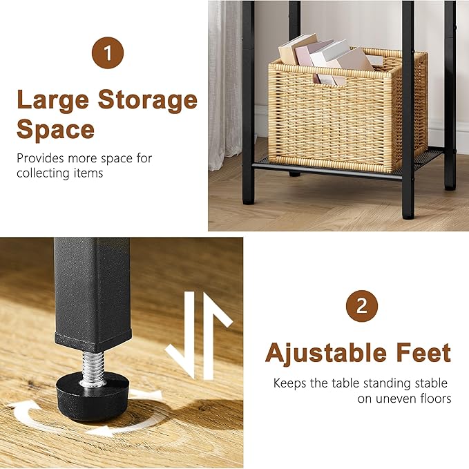 Hoctieon 3 Tier End Table, Telephone Table, Narrow Side Table with Storage, Nightstand for Small Spaces, Metal Frame, For Living Room, Bedroom, Sofa Couch, Hall, Easy Assembly, Rustic Brown