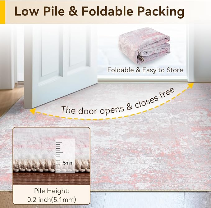 Washable Area Rugs 6'x9' Non-Slip Modern Abstract Soft for Living Room Entryway Bedroom Nursery, Print Pattern, Grey Pink