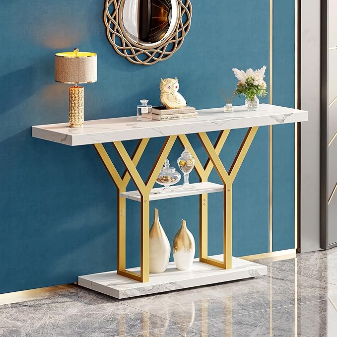 Huuger 47.2 Inch Entryway Table with Marble Top, Industrial Console Sofa Table, 3 Tier Accent Table, for Entry, Hallway, Entrance, Foyer, Y-Shaped Metal Base, Rusitc Brown