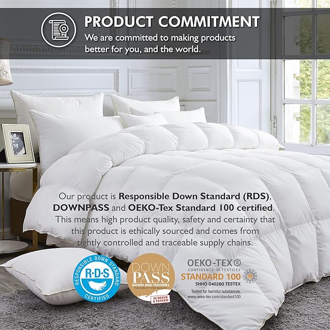 Luxurious White Solid Medium Weight, California King Size Goose Feathers Down Comforter for All-Season Weather Duvet Insert, Premium Baffle Box, 100% Egyptian Cotton Cover, 70 oz. Fill Weight