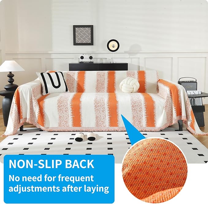 LUFEIJIASHI Boho Couch Covers for Sofa Non Slip Sofa Covers Washable Couch Covers for 3 Cushion Couch Sofa Pet Friendly Sectional Couch Cover Blanket Furniture Protector for Dogs (Orange, 91"x118")