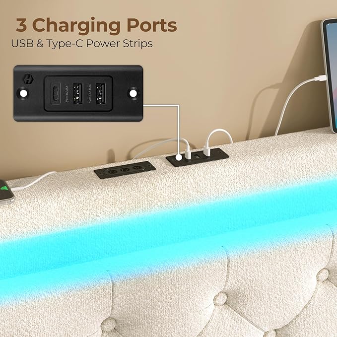 Rolanstar Queen Bed Frame with 4 Storage Drawers and Charging Station, Queen Bed with Led Lights, 2 USB & 1 Type C, Adjustable Headboard 38.9/40.10 Inches, No Box Spring Needed, White