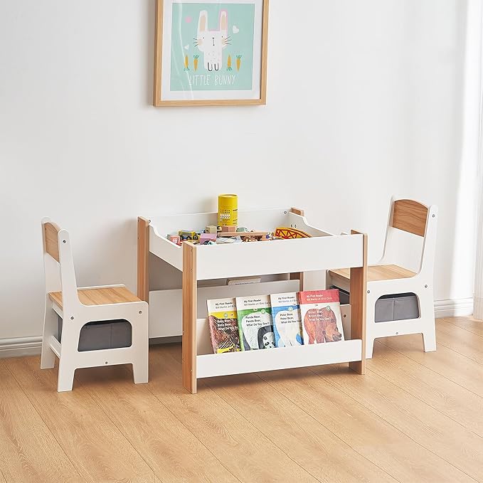 Asweets Kids Table and Chair Set,4 in 1 Toddler Desk with Storage Drawer,Wooden Activity Table for 2 in 1 Detachable Tabletop,Bookshelf,Suitable for Classroom,Home,Nursery,Playroom (Ivory White)