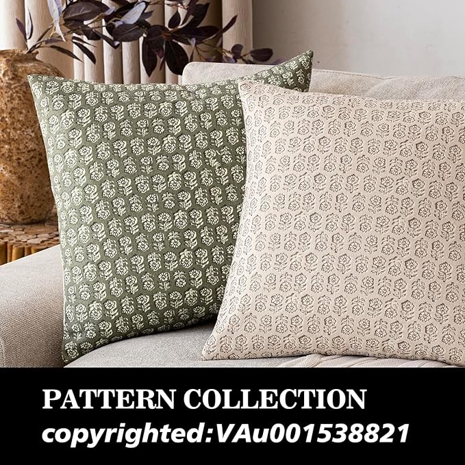 Foindtower Set of 2 Decorative Vintage Floral Print Throw Pillow Covers Neutral Modern Farmhouse Cushion Covers Boho Home Decor for Sofa Chair Couch Bedroom Living Room Outdoor,18×18 Inch,Sage Green