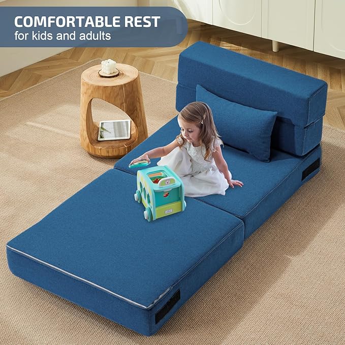 Folding Sofa Bed with Pillow- Convertible Chair Floor Couch & Sleeping Mattress, Foldable Memory Foam Sleeper for Living Room/Dorm/Guest Room/Home Office/Apartment/Loft, Single28, Navy Blue
