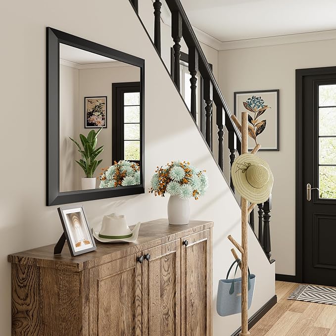 60x28 Inch Black Bathroom Mirror for Wall, Thick Metal Framed Rectangle Mirrors for Over Sink, Bedroom, Living Room, Entryway, Anti-Rust, HD Tempered Glass