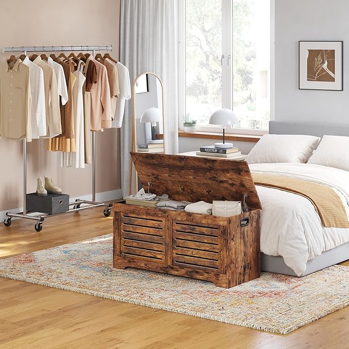 DINZI LVJ Storage Chest, 39.4”Wooden Toy Box with 2 Safety Hinges, Retro Entryway Shoe Storage Bench with Flip-Top, Sturdy Large Storage Trunk for Living Room, Bedroom, Easy Assembly, Rustic Brown