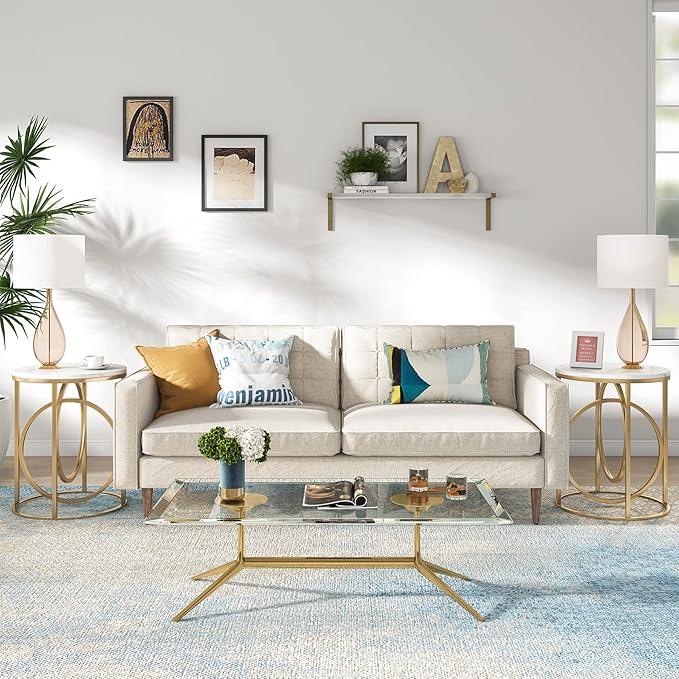 LITTLE TREE 20” Round End Table，Modern Sofa Side Table with Gold O-Shaped Base, Faux Marble White Cocktail Table Accent Table Nightstand for Living Room Bedroom