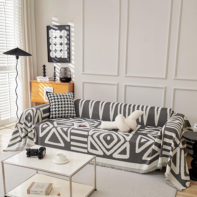 STACYPIK Simple Dark Grey Boho Sofa Cover for Sectional Soft Tassel Chenille Couch Cover for 3 Cushion Couch Reversible Loveseat Cover for Dogs Cats Non-Silp Furniture Cover Multi-Use Blanket-91x118IN