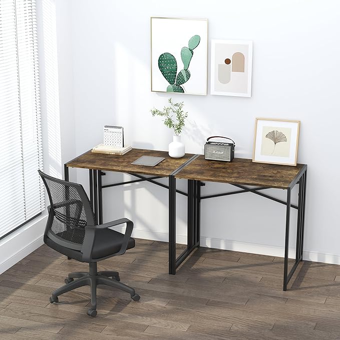 32 inch Small Folding Computer Desk, Writing Gaming Computer Desk for Small Spaces, No Assembly Required Home Office Desk, Rustic Brown
