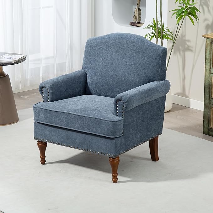 Ball & Cast Accent Chair with Nailhead Trim Armchair,Comfy Chenille Club Sofa Living Room Chairs w/Springs Cushions & Wood Legs,Traditional Single Couch for Bedroom,Farmhouse,Grey