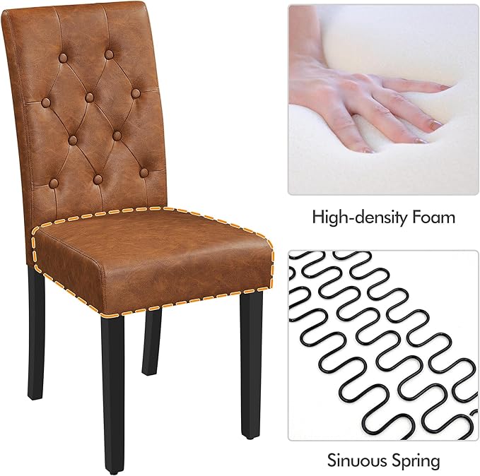 Yaheetech Dining Chairs Set of 6 Modern Style Faux Leather Dining Room Chairs with Solid Wood Legs and Button Tufted Padded for Home Kitchen, Retro Brown