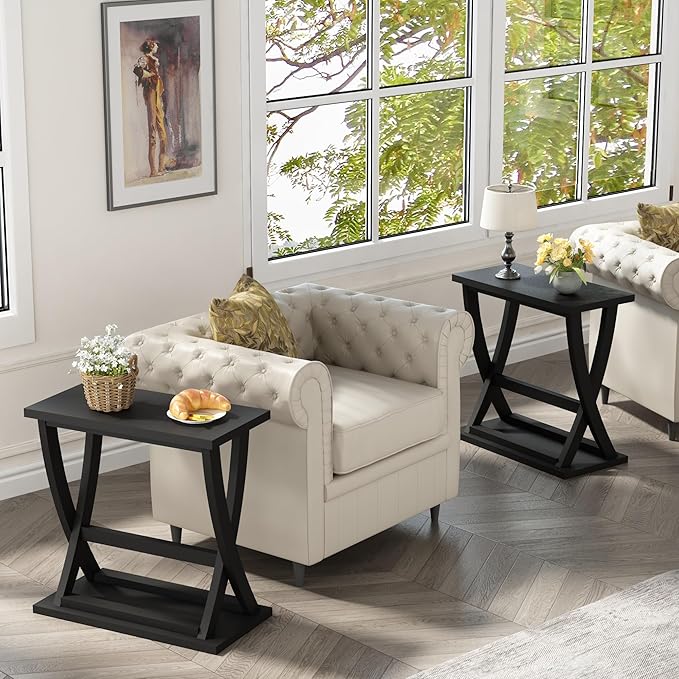 ChooChoo Black End Tables Living Room Set of 2, Narrow Side Table with Storage Shelf, Modern X-Design Slim End Table for Living Room, 11.8" D*23.6" W*23.4" D