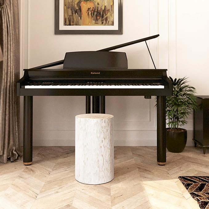 PEMAR Mother of Pearl Cylinder Drum End Table Nacre Side Stool Round Accent Table Coffee Bedside Nightstand and Vanity Stool (Pearl White & Cream)