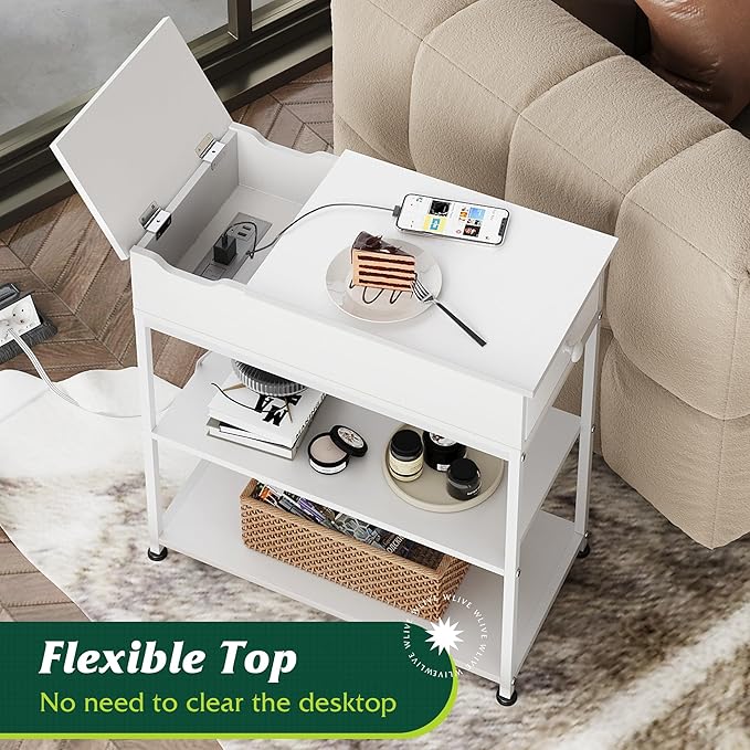 WLIVE Narrow Side Table with Charging Station, Couch Side Table for Living Room, Narrow End Table for Bedroom with Fabric Drawer, USB Ports and Power Outlets, 11.8‘’W 23.6‘’L 24‘’H, White