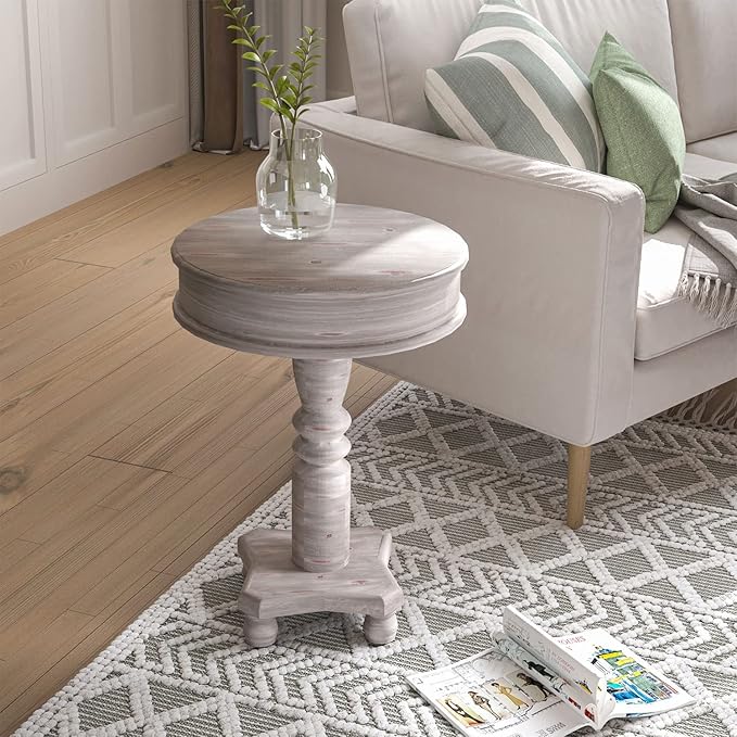 COSIEST Rustic Accent Side Table, Farmhouse Wood Pedestal Table Round End Table for Living Room, Bedroom, Distressed Whitewash Finish, Grey Color