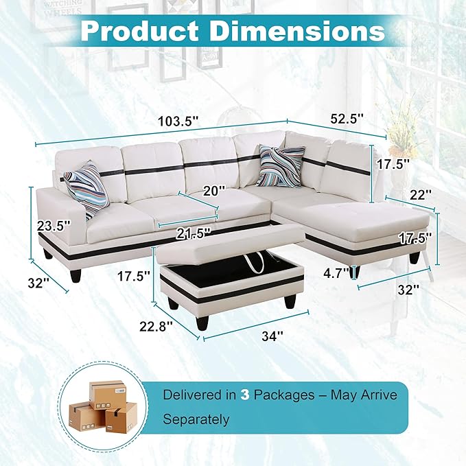 103.5" Oversized Sectional Couch, L Shaped Couch with Storage Ottoman, Modern Modular Sofa with Deep Seat, Sectional Couches for Living Room and Office, White and Black (PU Leather)