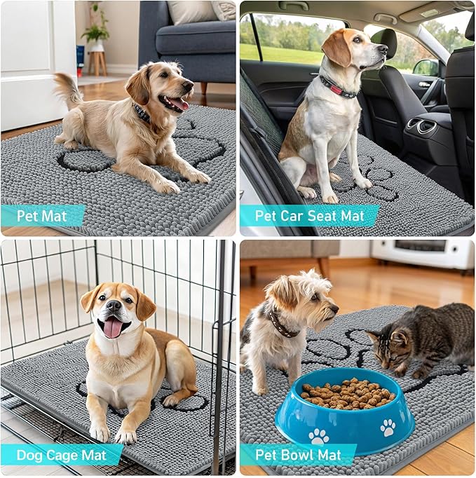 OLANLY Door Mat for Muddy Dog Paws 70x24, Ultra Absorbent Chenille Mud Doormat with Paw Print Design, Non-Slip Washable Doormat for Indoor Entryway, Quick-Dry Pet Bed Mats for Dirty Dogs, Grey