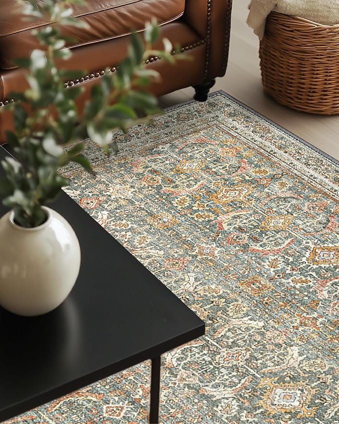 6X9 Area Rugs Machine Washable Rugs for Living Room, Vintage Boho Large Rugs for Bedroom Dining Room, Non Slip Indoor Soft Distressed Lightweight Thin Low Pile Carpet, Turmeric