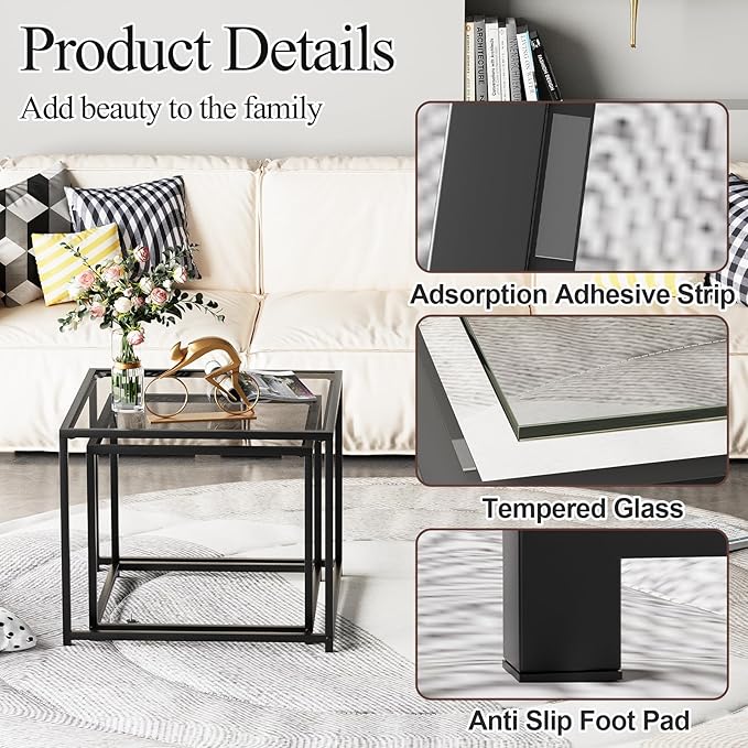 Garden 4 you Coffee Table Set of 2, Modern Glass Nesting Table, Metal Frame Square Center Table Set, Side Tables, Nesting Coffee Table for Living Room, Bedroom and Small Spaces, 23.6in Grey