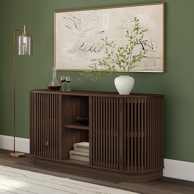 Plank+Beam Contour Wood TV Stand, Two Door Solid Wood Entertainment Console with Storage, 59" L x 16" W x 30" H, Walnut