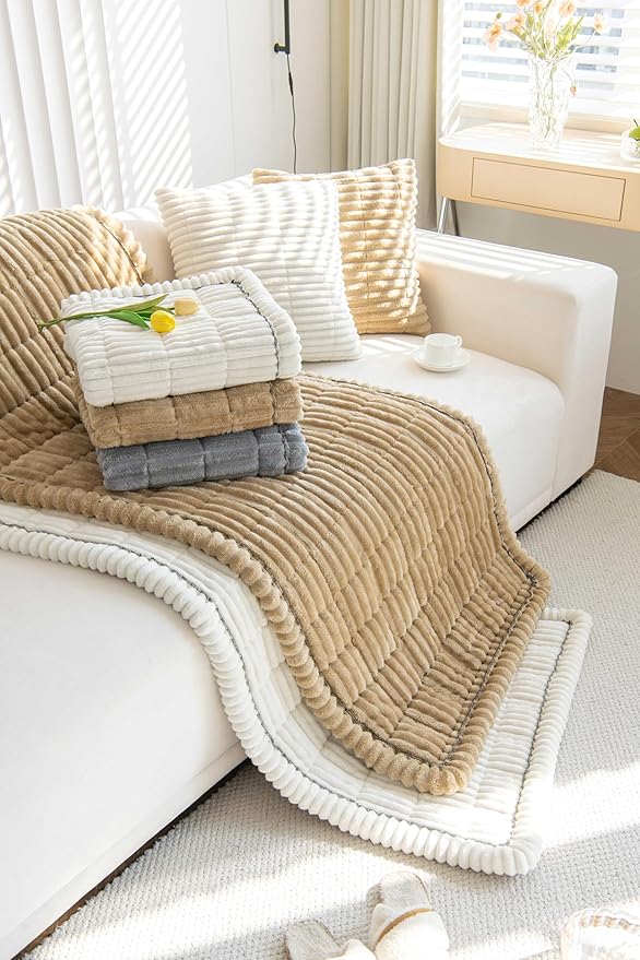 OTOB Couch Cover for Dogs Washable, Non Slip Plush Fuzzy Sofa Covers for 3 Cushion Couch Pet Friendly, Soft All Seasons Sofa Slipcover Cozy Furniture Protector (Cream, 31.5" x 82.7")