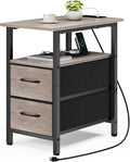 Vagusicc End Table with Charging Station, Narrow Side Table, 23.8'' Tall Nightstand with 2 Fabric Drawers, Small Sofa Side Table Narrow Nightstand for Small Spaces, Living Room, Bedroom, Rustic Grey