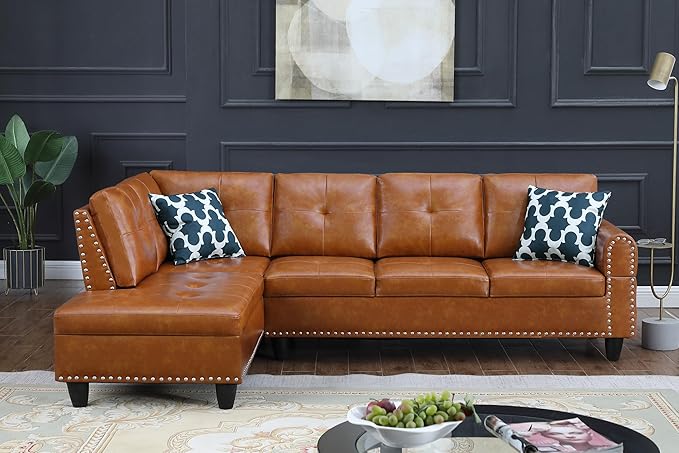 Ball & Cast 98" L Shaped Sectional Couch for Living Room with Chaise & Nailhead Trim,4 Seat Faux Leather Upholstered Modular Sectional Sofa Set 2 PCS W/Cup Holder & Coffee Table,for Home,Office,Ginger