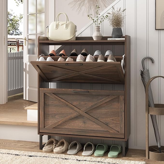 Maupvit Shoe Storage Cabinet with 2 Flip Drawers, Freestanding Organizer with Metal Legs for Entryway, Narrow Shoe Rack Cabinet, Dark Walnut
