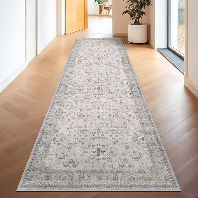 Light Gray Kitchen Rug 10 ft Long - Modern Neutral Boho Unique Floral with Brown Accent, Washable Low Pile Non-Slip Extra Long Wide Runner Rugs for Hallway, 3x10