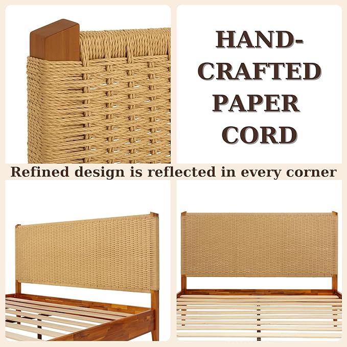 Bme Selina Headboard Queen Size Bed Frame - Handcrafted Paper Cord Headboard, 12-Slat Support, No Box Spring Needed - Easy Assembly, Caramel