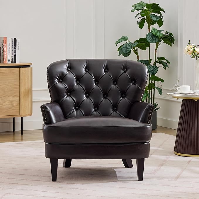 Ball & Cast Accent Chair,Mid-Century Lounge Living Room Chairs with Button Tufting,Upholstered Reading Accent Chair W/Solid Wood Legs and Curved Backrest,for Bedroom,Apartment,Dark Brown
