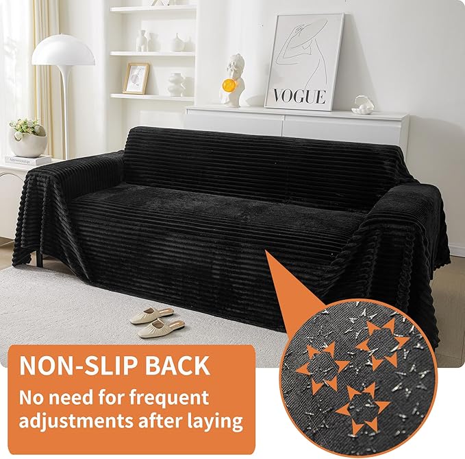 HAOMAIJIA Faux Fur Sofa Covers Couch Covers for 2 Cushion Couch Sofa Pet Friendly Soft Non Slip Couch Cover for Dogs Washable Sectional Couch Covers L Shape Furniture Protector (Black, 71"x118")