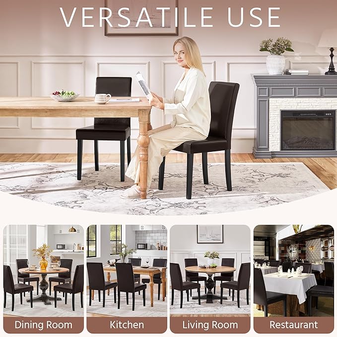 Yaheetech Dining Chairs Set of 4 PU Leather Dining Room Chairs with Waterproof Surface and Wood Legs for Kitchen Restaurant and Living Room, Dark Brown