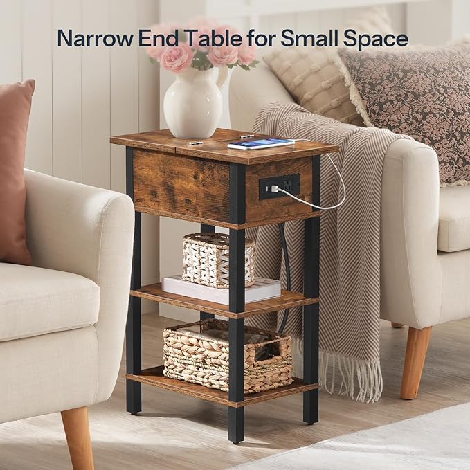 HOOBRO End Table with Charging Station, Flip Top Side Table with USB Ports, Narrow Nightstand Bedside Tables with Storage Shelves, for Small Space, Living Room, Rustic Brown and Black BF141UBZ01