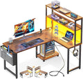 Casaottima Gaming Desk with Power Outlets & LED Lights, 43 Inch Reversible L Shaped Computer Desk with Shelves & Storage Bag, Corner Desk for Home Office, Vintage
