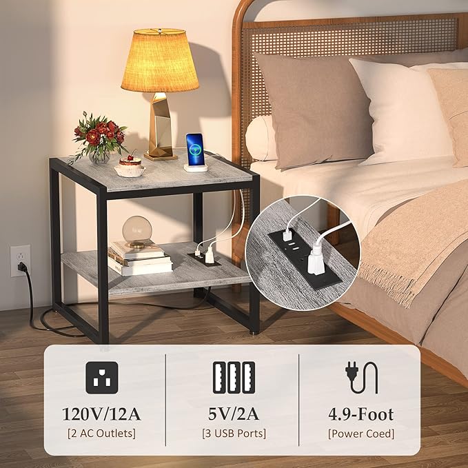 Homieasy End Table with Charging Station, 20 Inch Square Side Table with USB Ports & Power Outlets, Grey Nightstand with 2-Tier Storage Shelf, Mini Fridge Stand for Small Spaces, Light Oak