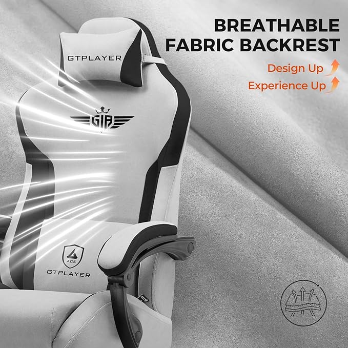 GTPLAYER Gaming Chair Fabric with Footrest, Big and Tall Game Chair High Back Computer Office Chair with Lumbar Support for Adults, Ergonomic Swivel Games Chair with Cushion Gaming Grey