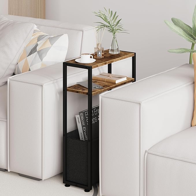 Narrow Side Table, Slim End Tables with Fabric Basket, Skinny Table for Small Spaces, Thin Bedside Table for Living Room, Bedroom