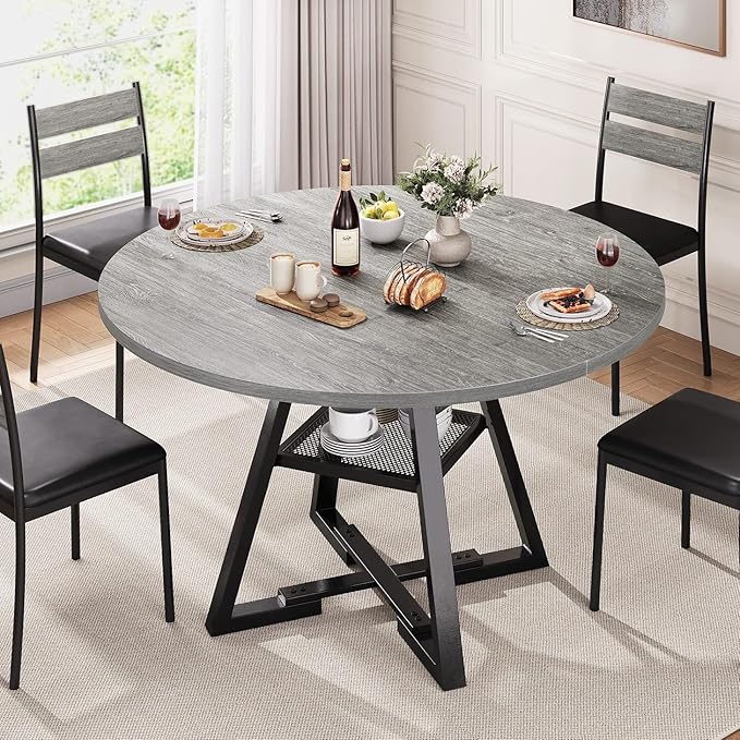 Round Dining Table for 4,Kitchen Dining Room Circle Dinner Pedestal Table,Space Saving Wood Kitchen & Dining Room Furniture, 42In,Grey