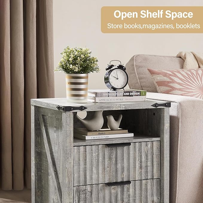 Grey Nightstand with Charging Station - 20 Inch Wide Farmhouse Fluted Bedside Table with 2 Drawers, Modern Wood End Side Table for Bedroom Study Storage Home