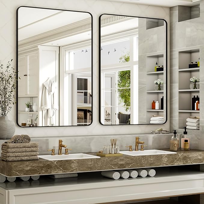 30 x 48 Inch Bathroom Mirror, Rounded Rectangular Vanity Mirror for Wall, Modern Mirror for Room Decor, Black Framed Wall-Mounted Mirrors for Home Decor, Hangs Horizontally or Vertically