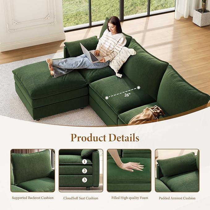 Vesgantti 142" U Shaped Sectional Couch, Comfy Cloud Modular Sectional Sofa with 2 Ottoman Deep Seat Chenille Modern Cloud Sofa, Modular Sofas for Living Room, Bedroom and Apartment, Green
