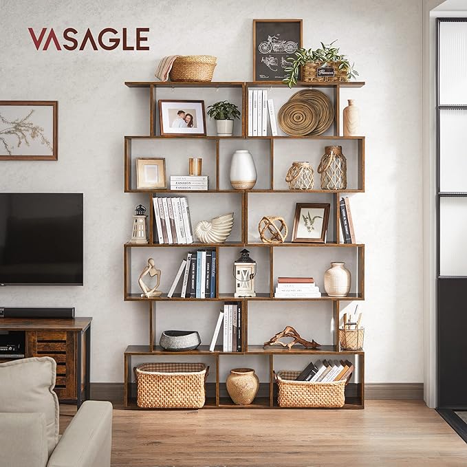 VASAGLE Bookshelf, 6-Tier Bookcase, Tall Display Shelf, Freestanding Storage Shelf, Room Divider, for Home Office, Living Room, Bedroom, Study, Rustic Brown ULBC61BX