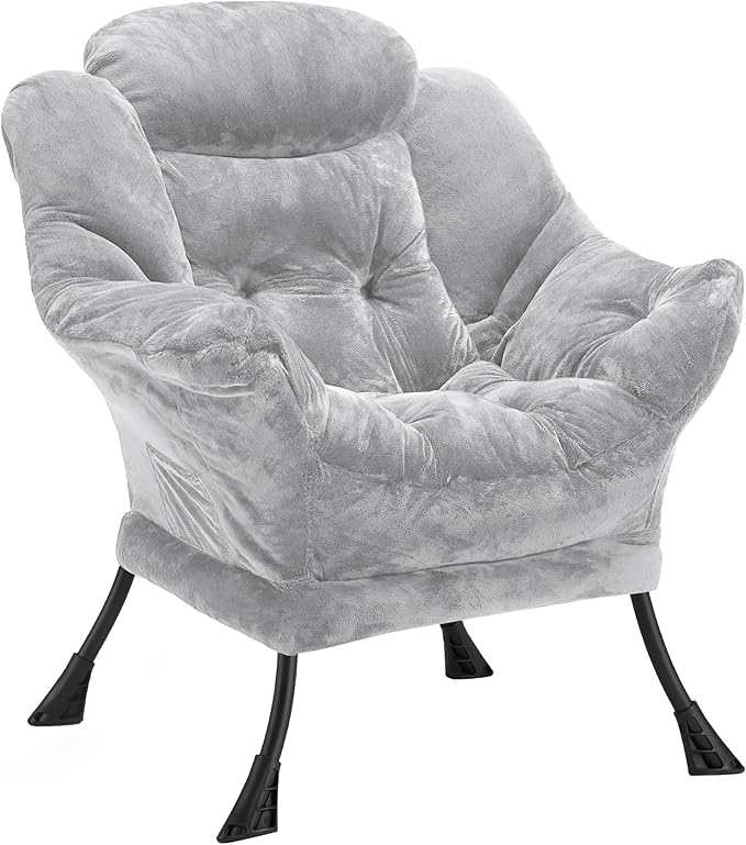 Fabric Lazy Chair for Adults, Oversized Upholstered Sofa Chair, Plush Comfy Lounge Chair with Large Side Storage Pocket, Thick Padded Reading Chair for Living Room, Bedroom, Dorm, Light Gray