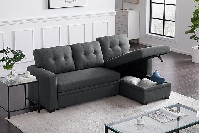 Devion Furniture Meridian 4-in-1 Convertible L Shaped Couch with Pull Out Bed and Storage, Sectional Sleeper Sofa with Reversible Chaise for Living Room, Apartment, Bedroom, Office
