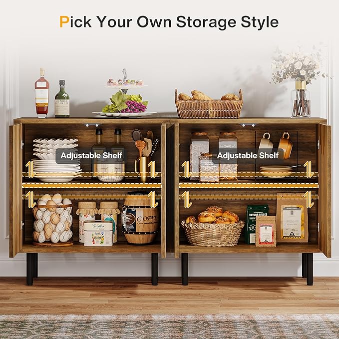 Tribesigns Set of 2 Sideboard Buffet with Storage, 59" Buffet Sideboard Cabinet with Adjustable Shelves, Accent Storage Cabinet for Living Room, Rustic Brown
