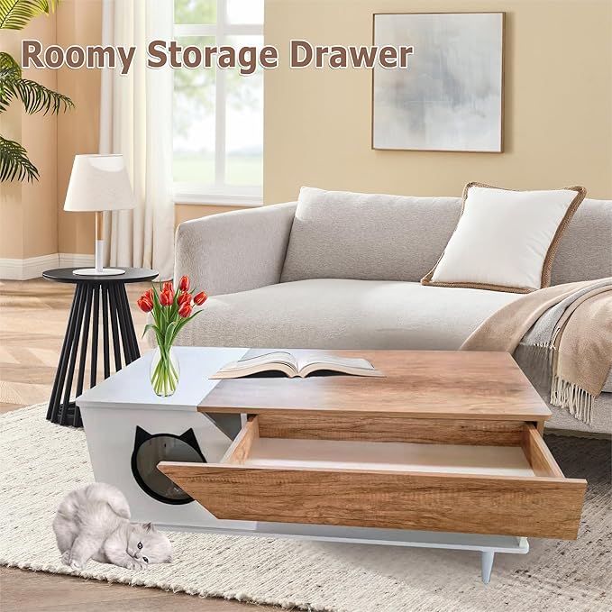 GAOMON White Coffee Table 45'' Cat Living Room Tables with Storage Drawer, Wooden Rustic Coffee Table with Cat House, Multifunctional Hidden Kitty Litter Box Furniture